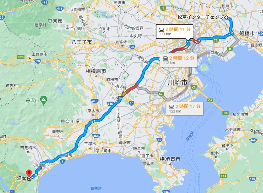 千葉松戸と箱根のドライブルート１