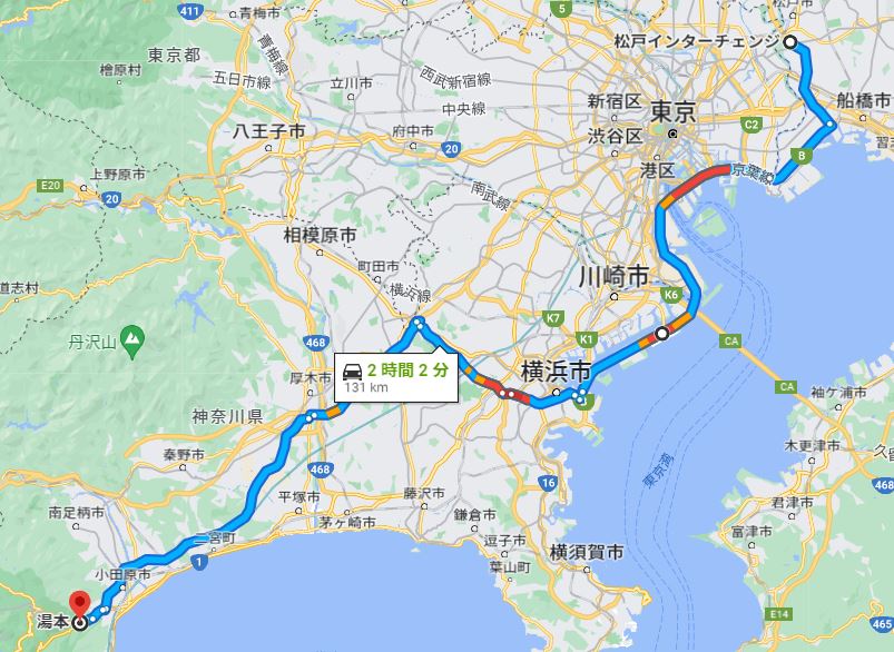 千葉松戸と箱根のドライブルート２